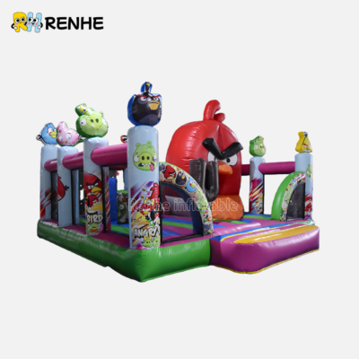 Bird Attack Themed Inflatable Bounce House with Obstacle Challenge for Backyard Recreation