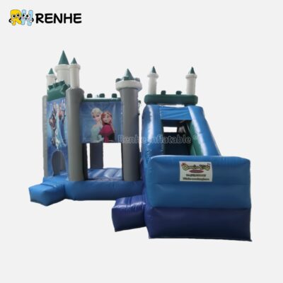 Hybrid Turreted Inflatable Play Castle with Blue Slide for Immersive Themed Celebrations