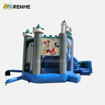 Hybrid Turreted Inflatable Play Castle with Blue Slide for Immersive Themed Celebrations