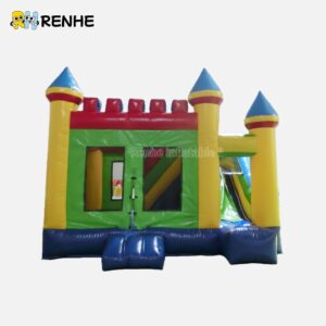 1 Cheerful Yellow and Green Bounce House with Blue Turrets for Backyard Entertainment