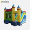 Cheerful Yellow and Green Bounce House with Blue Turrets for Backyard Entertainment