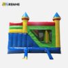 Cheerful Yellow and Green Bounce House with Blue Turrets for Backyard Entertainment