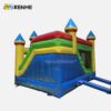 Cheerful Yellow and Green Bounce House with Blue Turrets for Backyard Entertainment