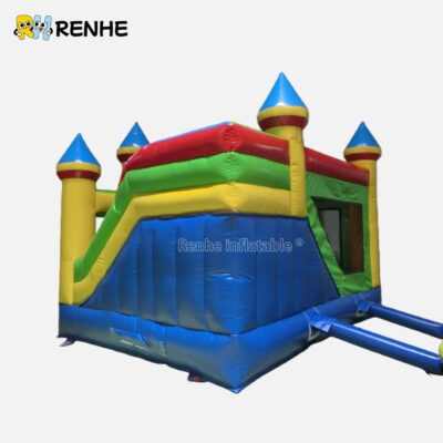 Cheerful Yellow and Green Bounce House with Blue Turrets for Backyard Entertainment